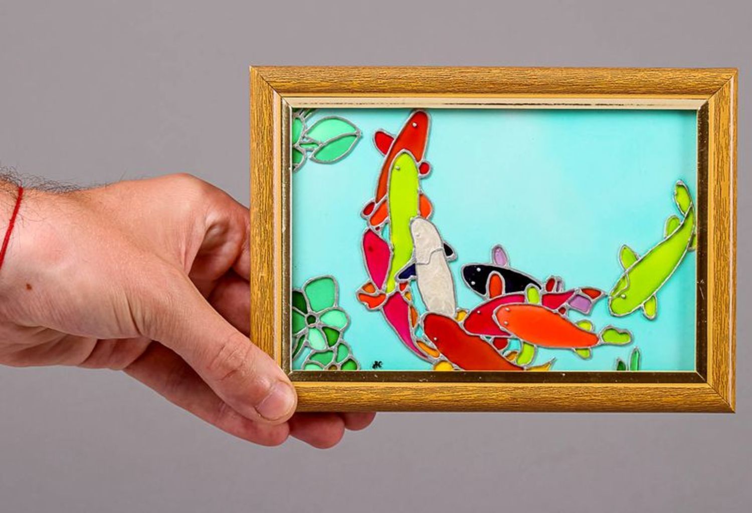 Stained glass picture in wooden frame Pond photo 4