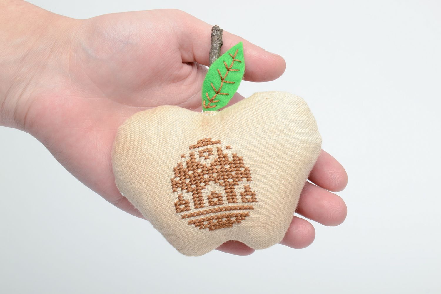 Fabric toy apple with cross stitch embroidery photo 5