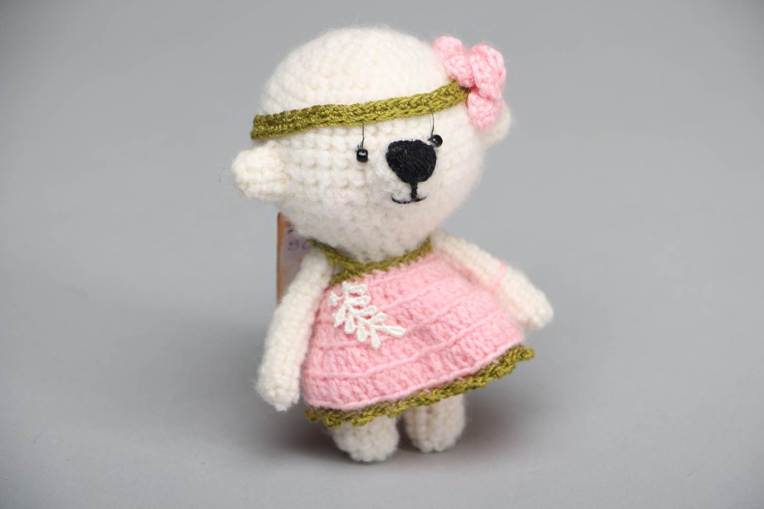 Soft crochet toy bear in dress photo 1
