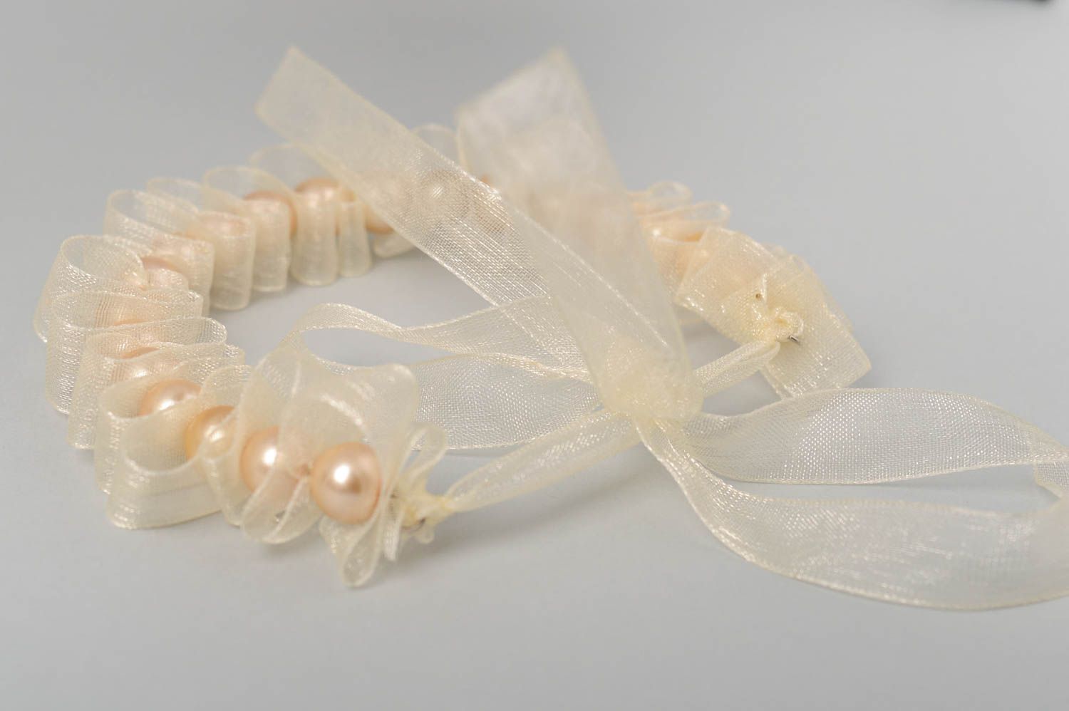Handmade festive necklace with ceramic pearls on transparent organza ribbon photo 4