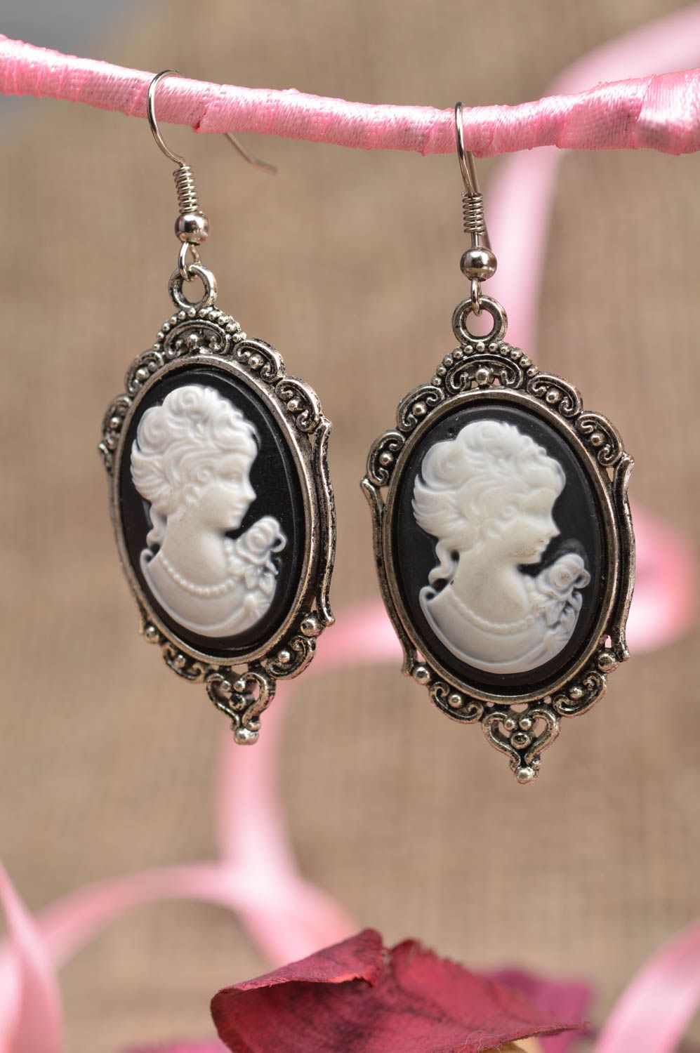 Handmade cute oval metal earrings with cameos in vintage style for girls photo 1