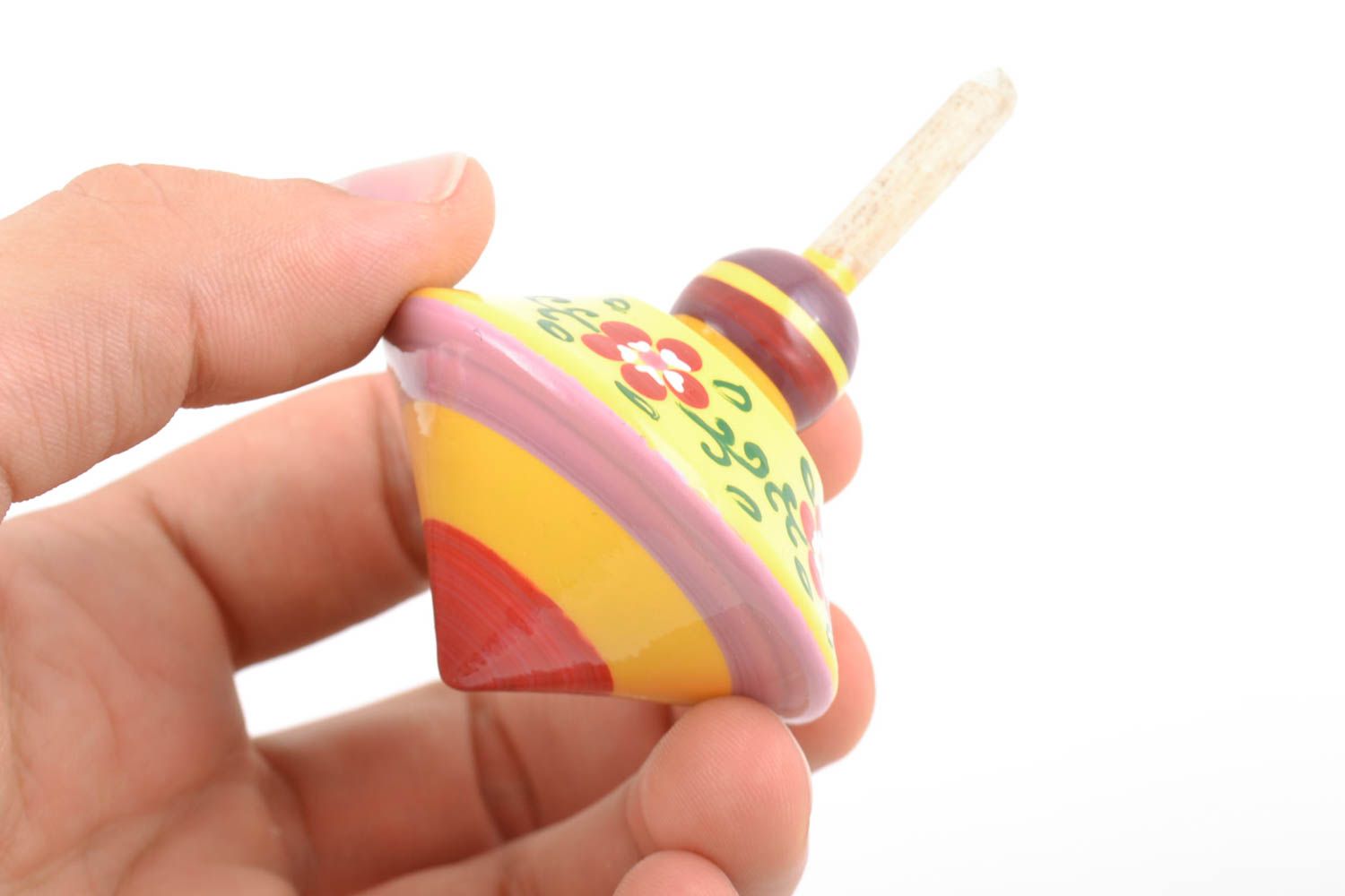 Yellow painted wooden spinning top handmade eco toy for children photo 2