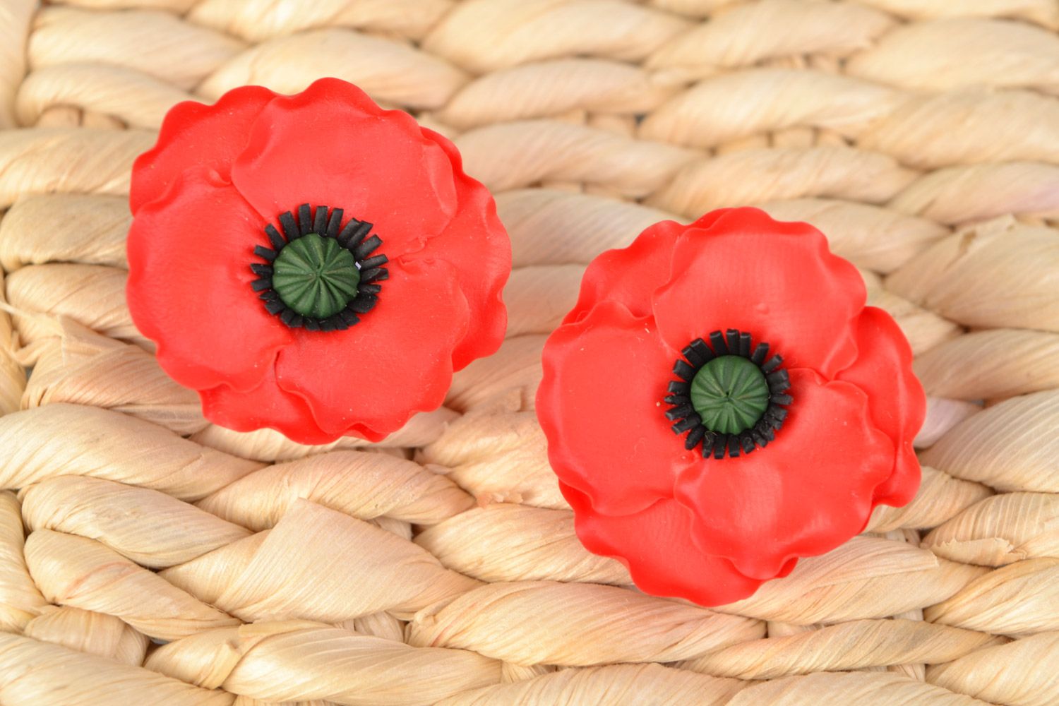 Handmade polymer clay stud earrings in the shape of large red poppy flowers  photo 1