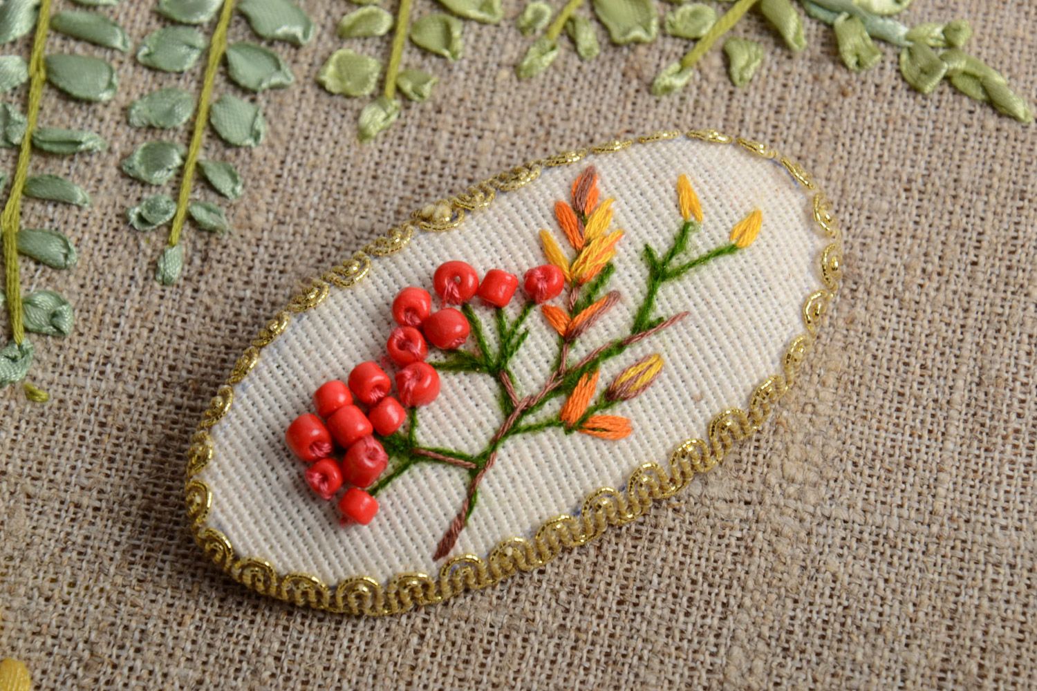 Handmade textile oval brooch with silk threads embroidery  photo 1