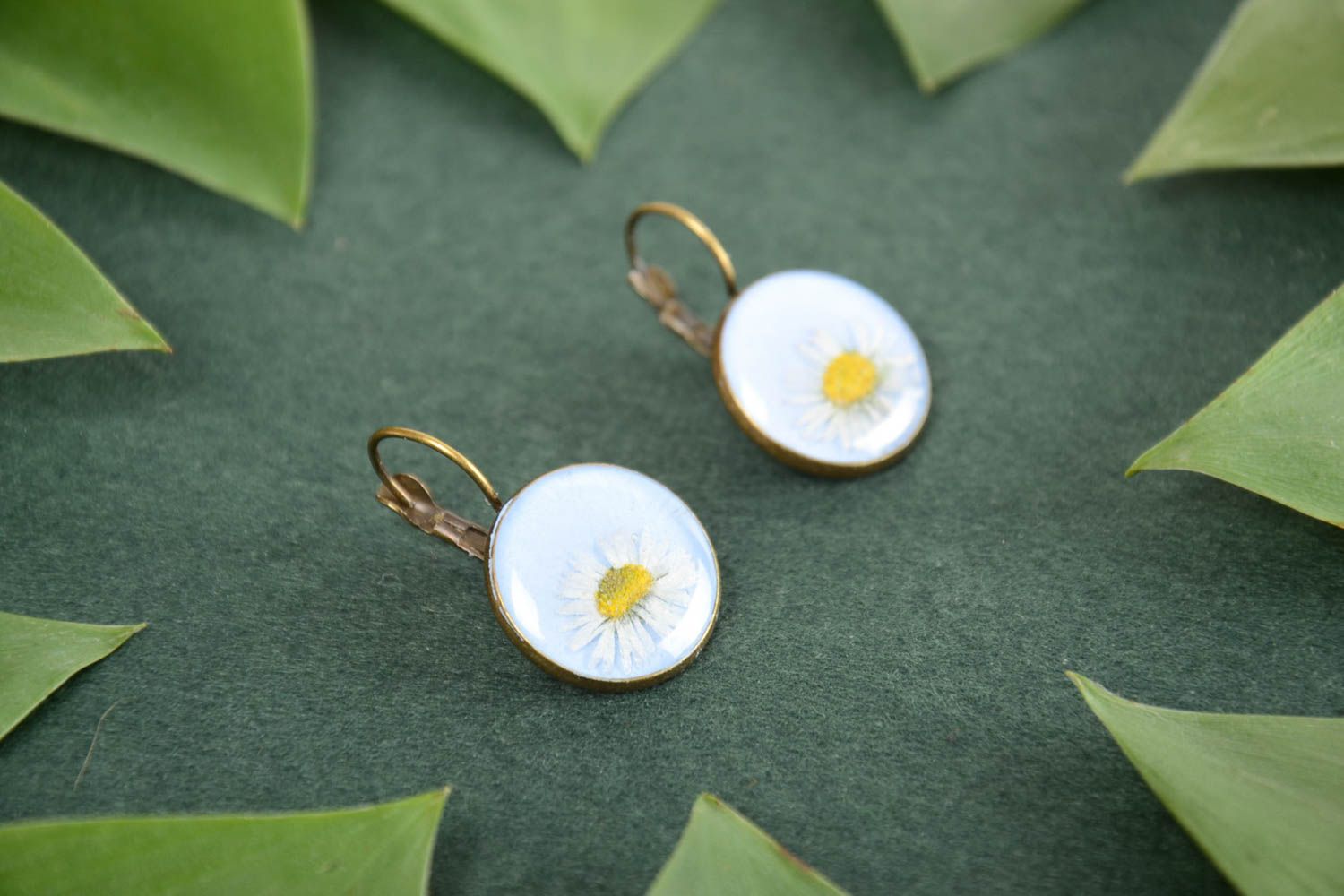 Nice white handmade earrings with real flowers and epoxy coating Camomiles photo 1