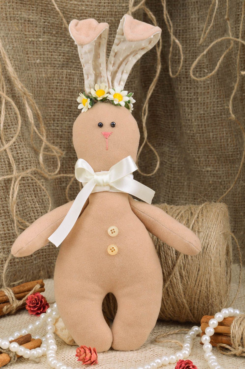 Handmade soft unusual beige toy in the form of cute textile bunny present for baby photo 1