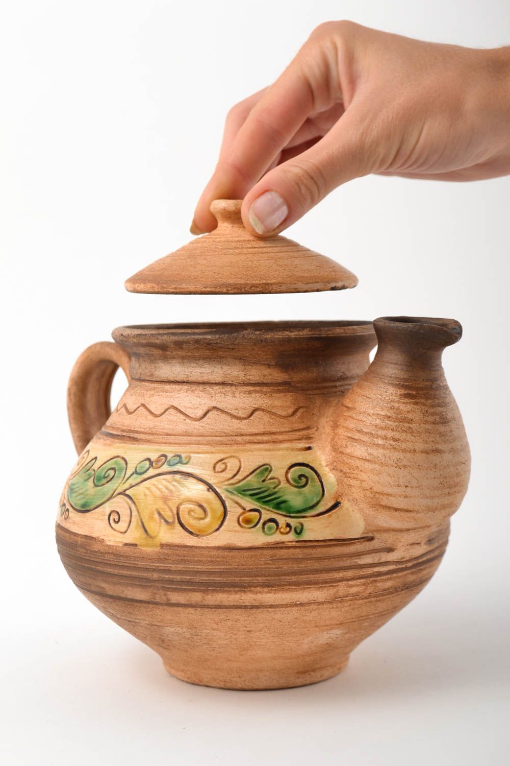 Teekanne aus Keramik handmade Tee Geschirr Küchen Deko in Braun mit Bemalung  foto 5