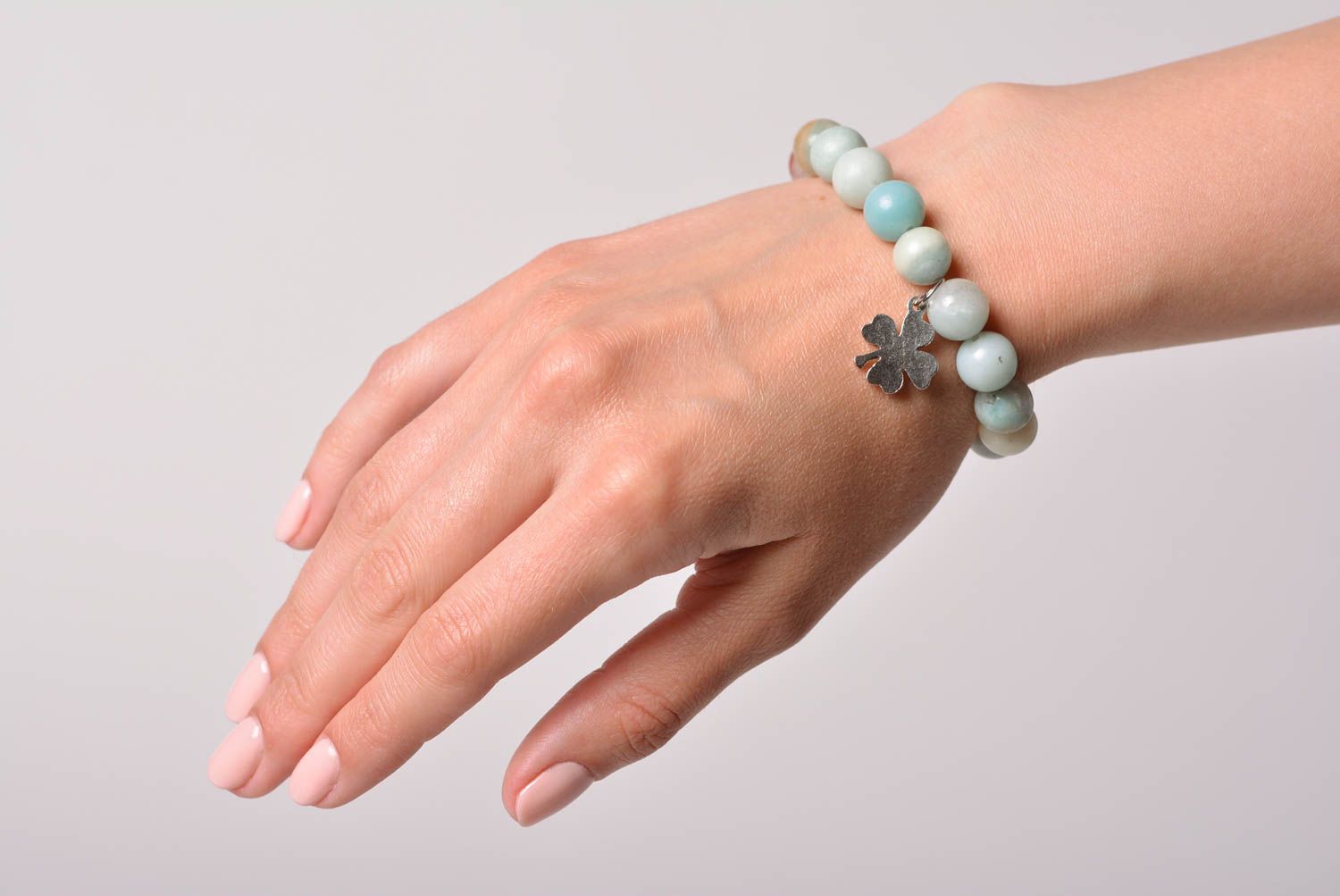 Handmade tender wrist bracelet with natural amazonite stone beads for women photo 1