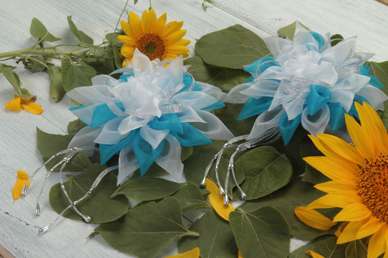 Handmade Haargummis mit Blumen Haarschmuck Set Mode Accessoires 2 Stück blau foto 1