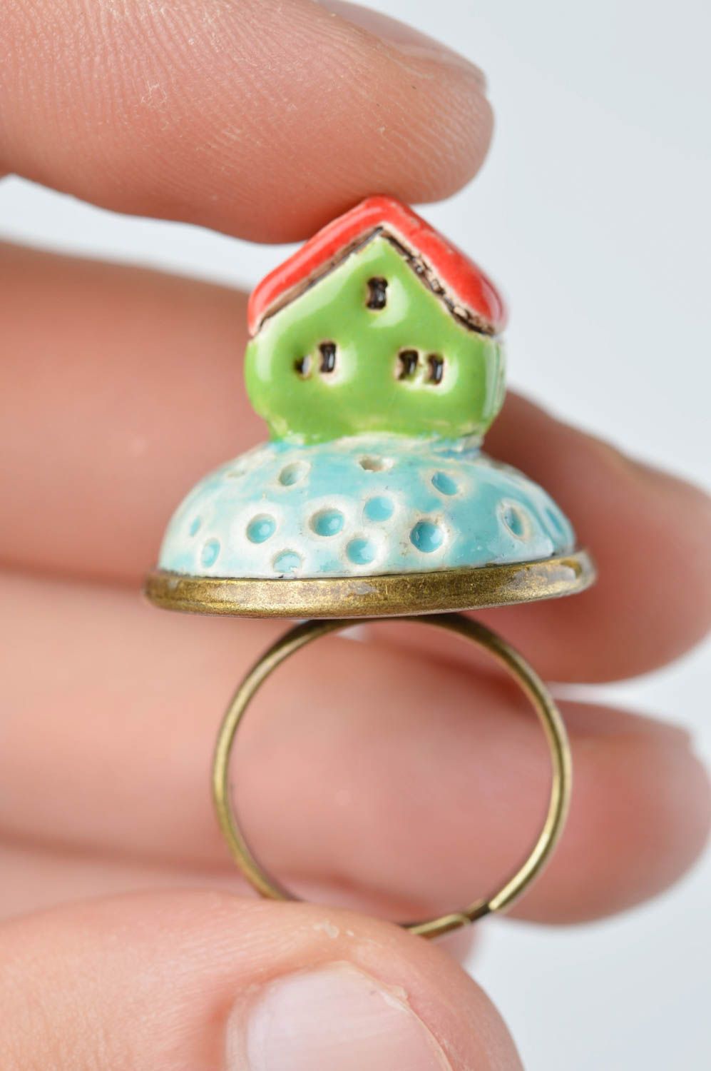 Кольцо ручной работы модное кольцо домик на горе необычное кольцо яркое фото 5