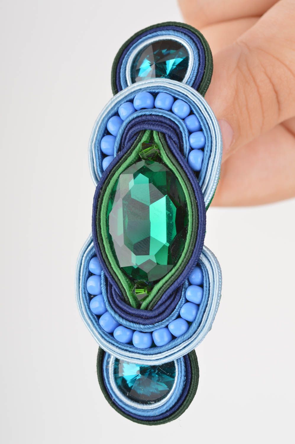 Beautiful handmade designer soutache barrette of emerald color with beads photo 3