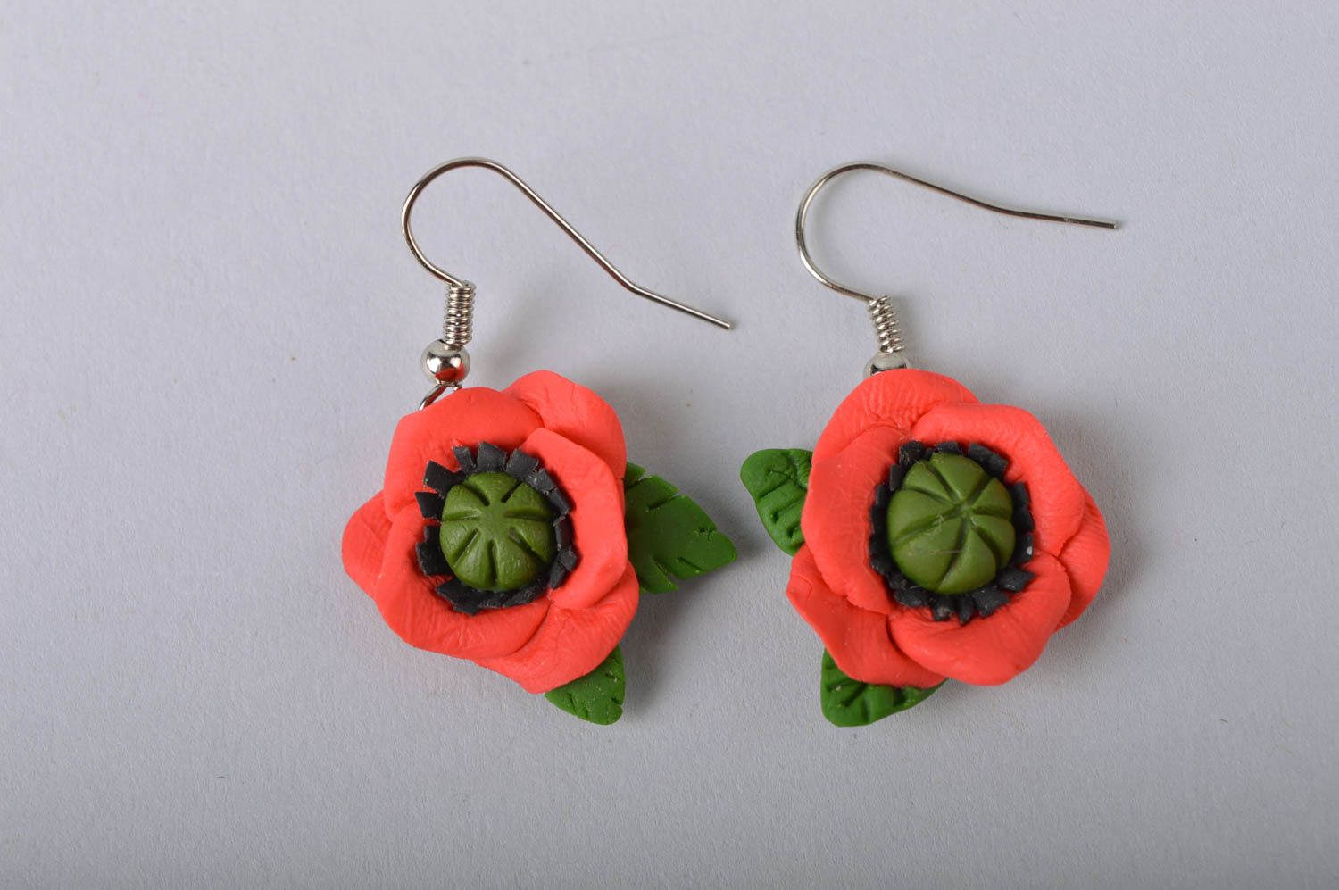 Handmade female big red and green flower earrings made of cold porcelain photo 2