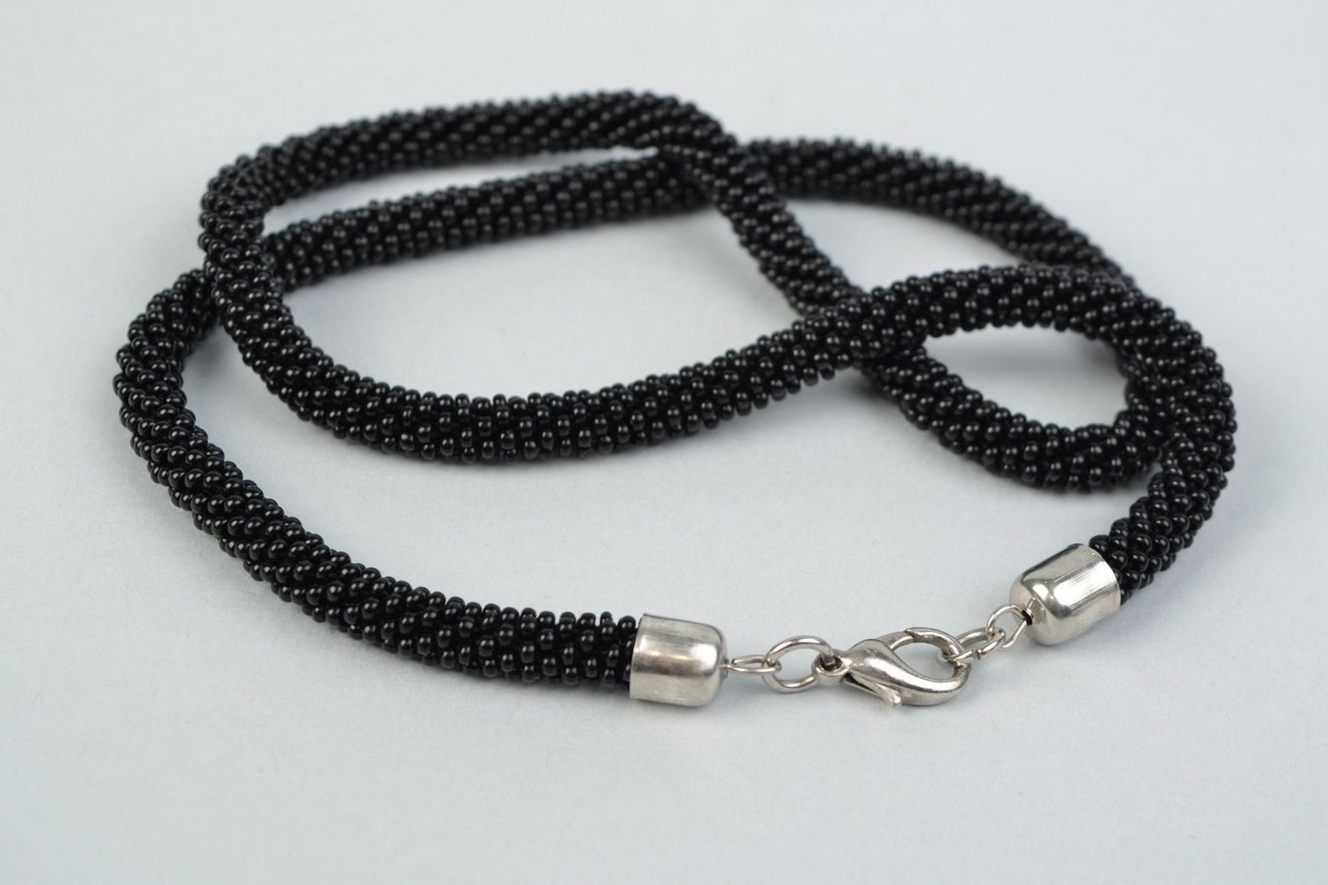 Handmade long elegant Czech beads necklace in black color for girls photo 5