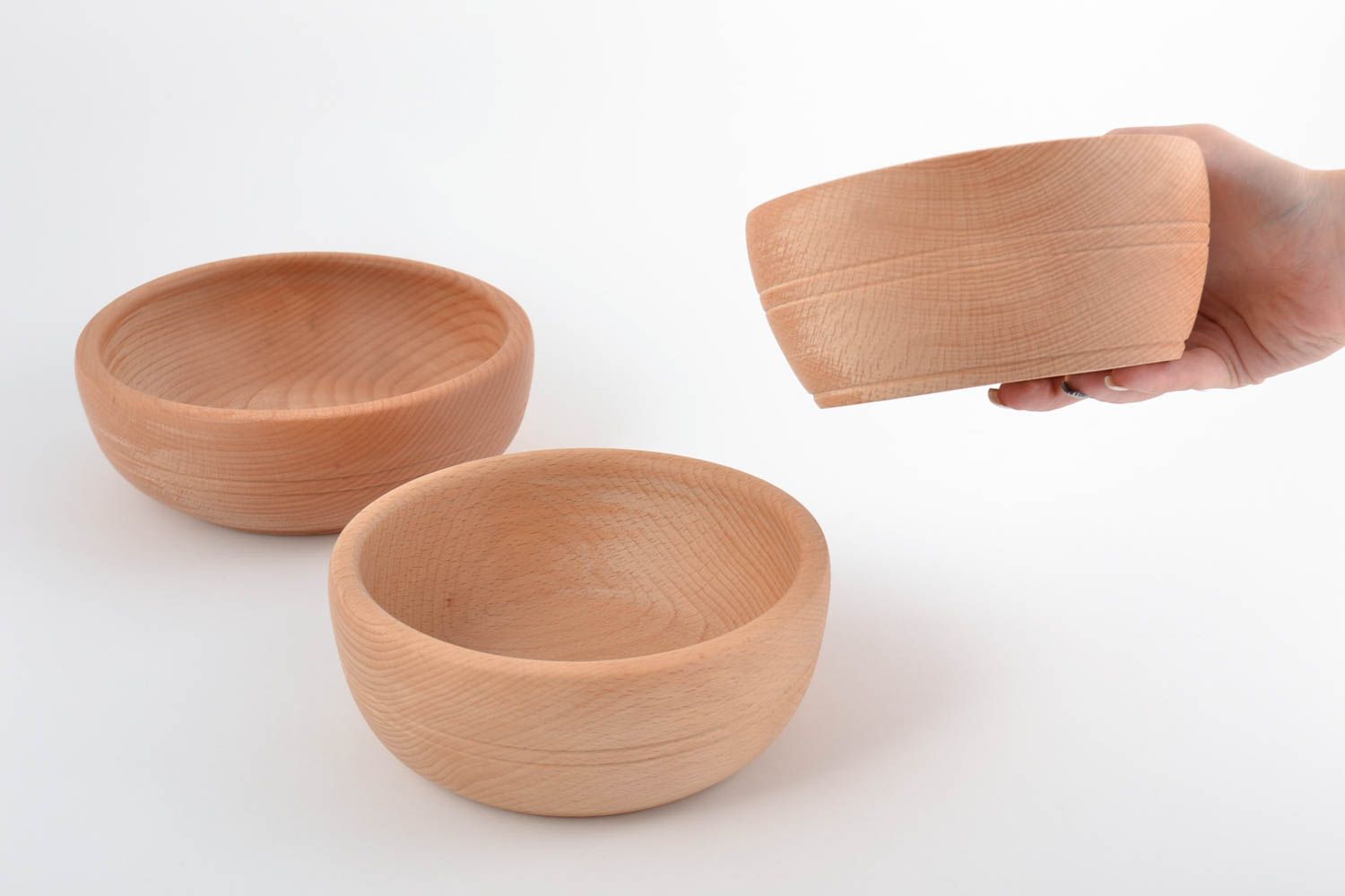 Set de bols en bois faits main 3 pièces tailles différentes vaisselle écologique photo 2