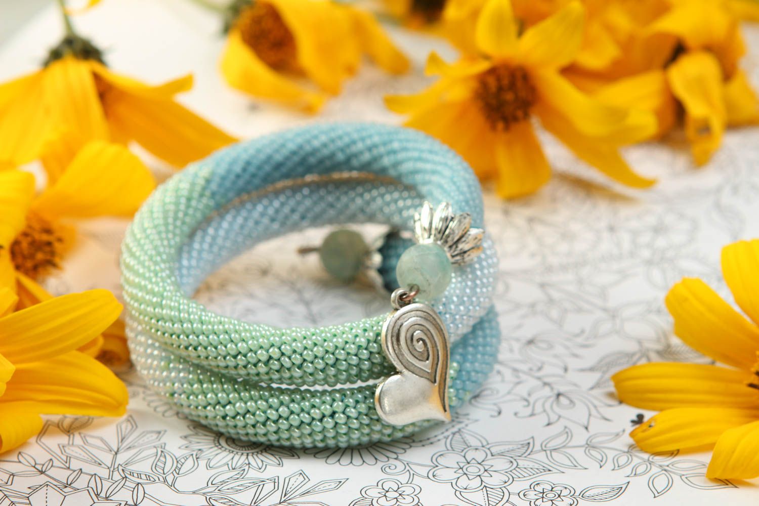 Three-layer cuff cord turquoise color bracelet with silver charms photo 1