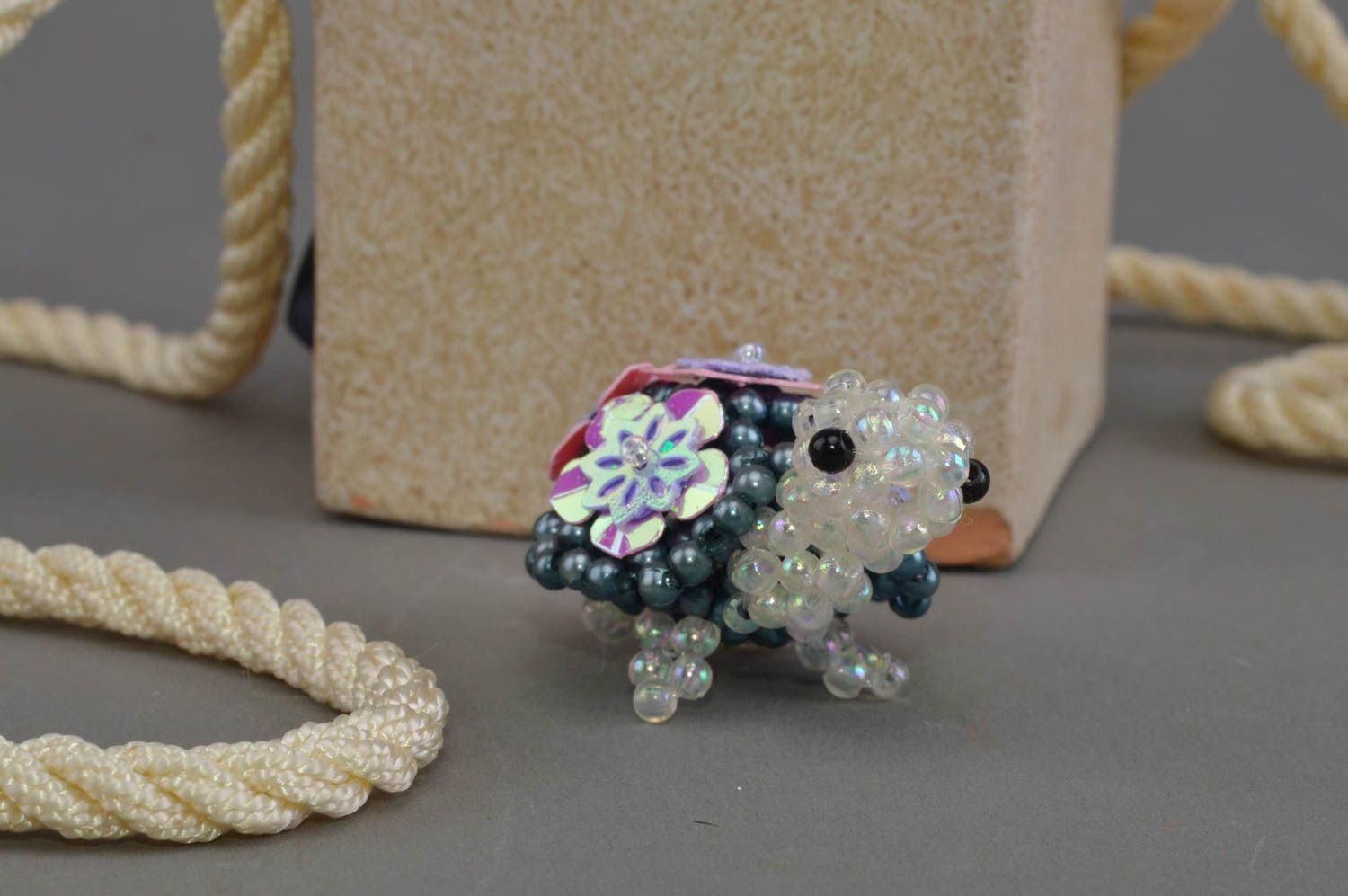 Unusual miniature handmade designer beaded statuette of turtle for home decor photo 1