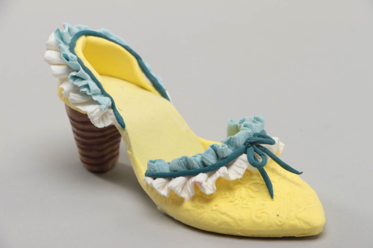 Handmade decorative polymer clay figurine of yellow and blue shoe for interior photo 3
