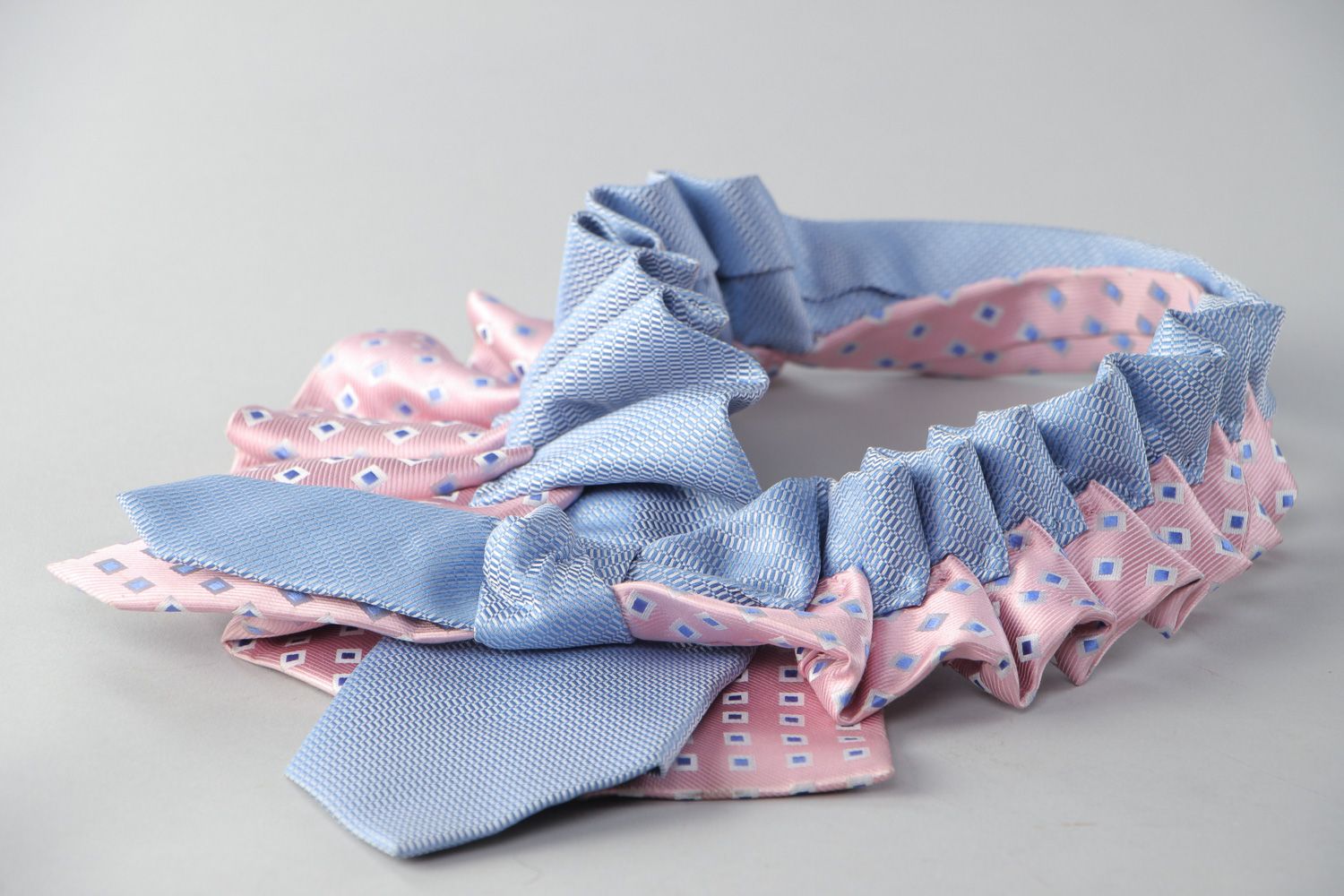 Tender fabric pink and blue collar necklace sewn of neck ties handmade photo 3
