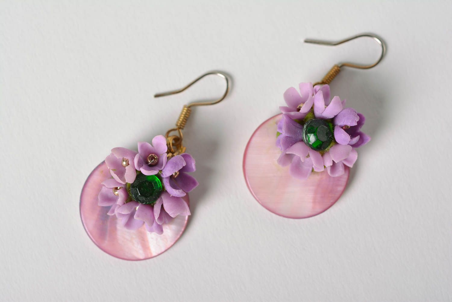 Unusual beautiful lilac handmade designer plastic flower earrings photo 2