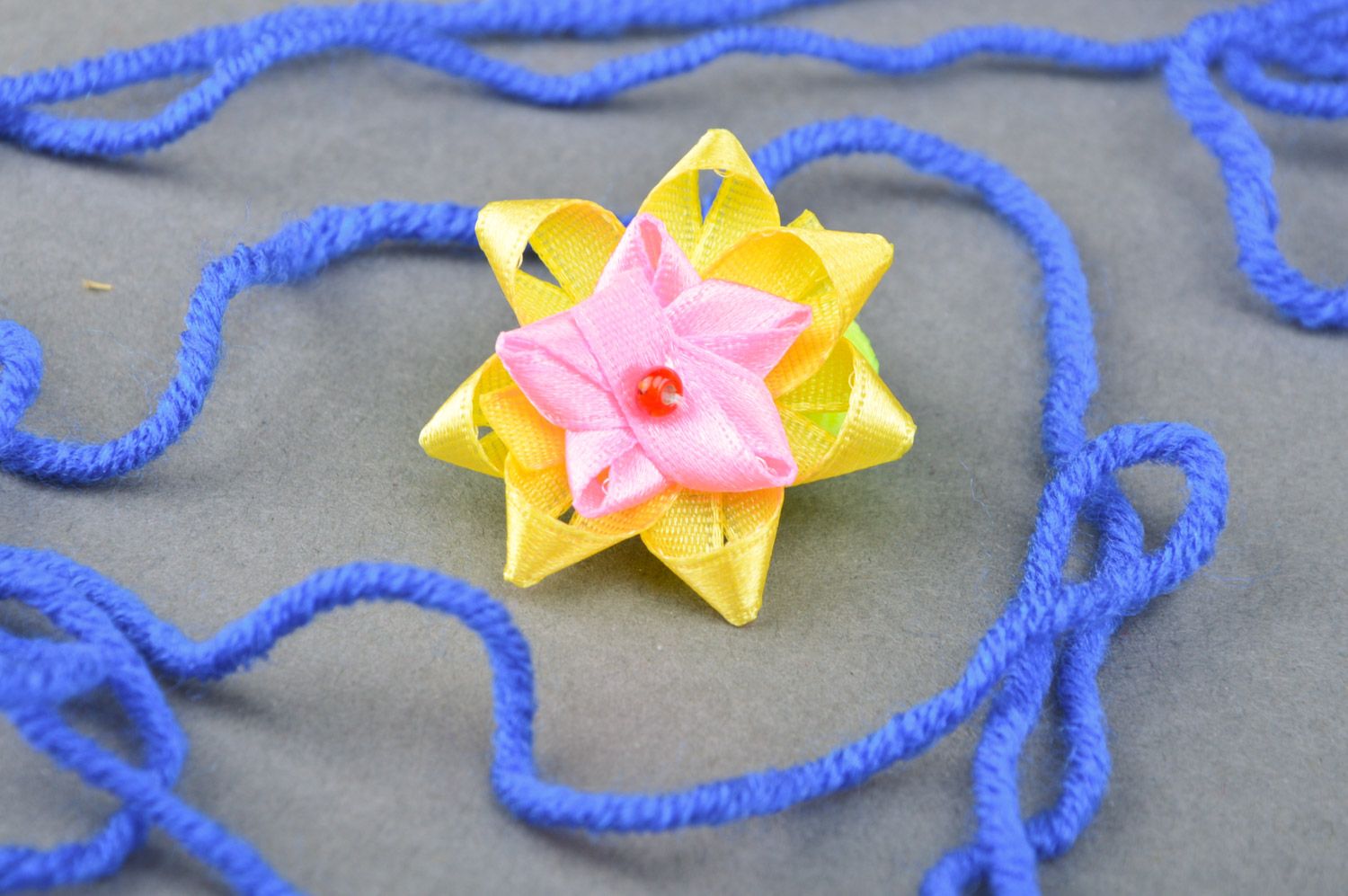 Handmade hair tie with flower in yellow and pink colors for little girls photo 1