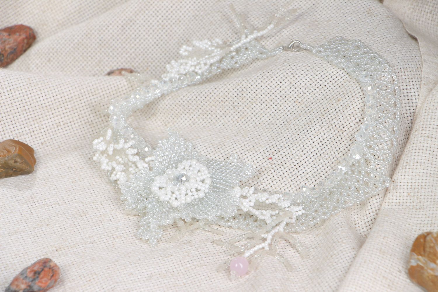 Handmade festive necklace woven of white seed and glass beads with flower photo 1