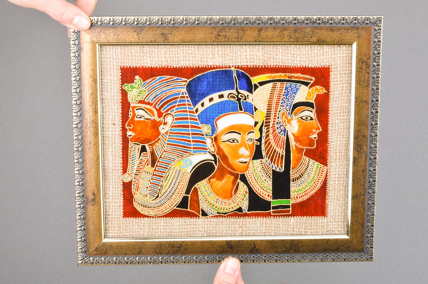 Handgemachtes Wandbild aus Glas Pharaonen mit Vitrage Bemalung im Rahmen  foto 2