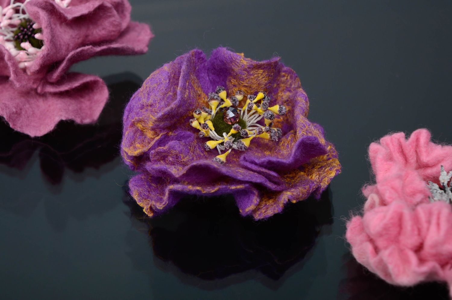 Silk and wool brooch hairpin with beads Lilac Flower photo 5