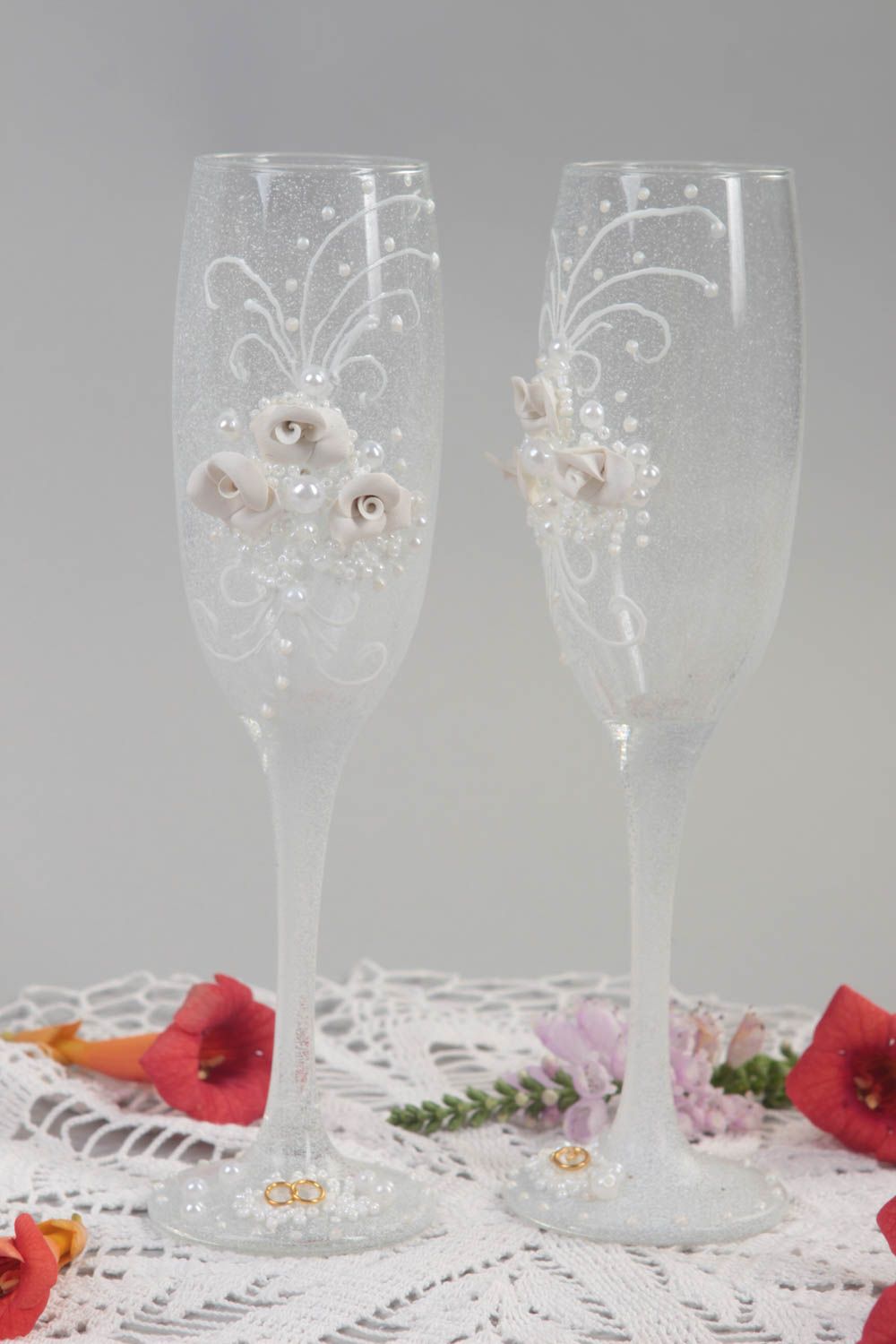 Handmade wedding ware flower beautiful glasses cute wedding white glasses photo 1