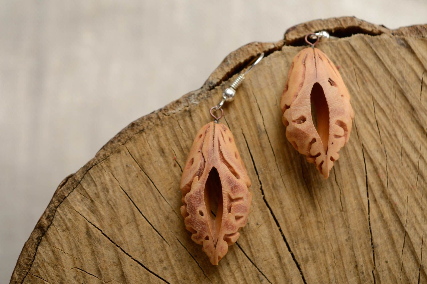 Boucles d'oreilles en noyaux d'abricots faites main pendantes originales marron photo 1