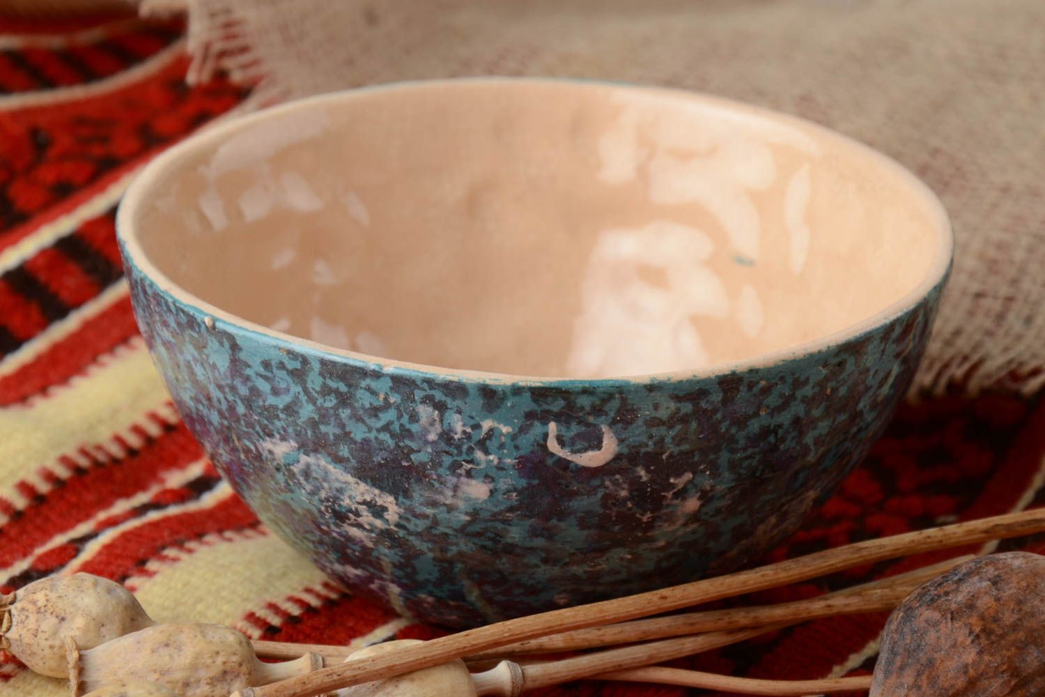 Handmade designer decorative two colored glazed ceramic soup bowl for 500 ml photo 1