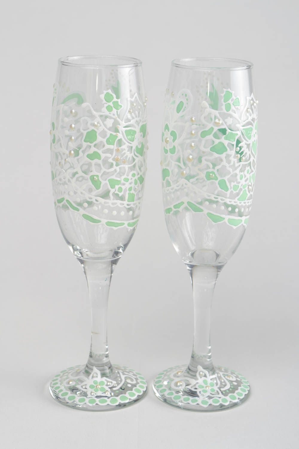 Hochzeit Sektgläser aus Glas mit Vitrage Bemalung 2 Stück handmade für Dekor foto 3