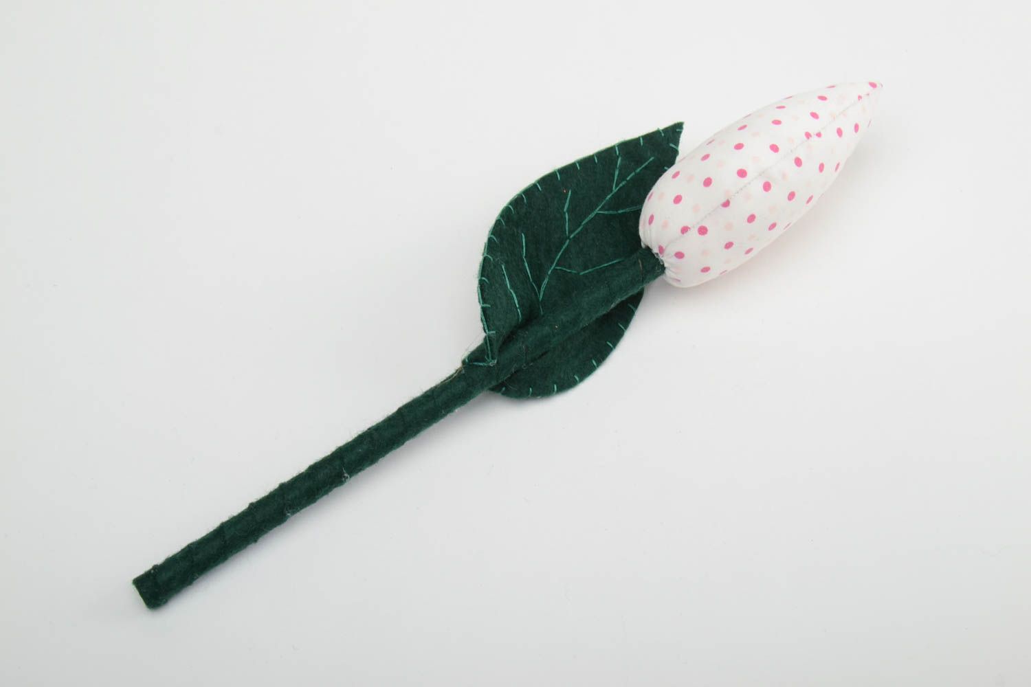 Handmade decorative small white polka dot tulip flower sewn of felt and cotton  photo 2