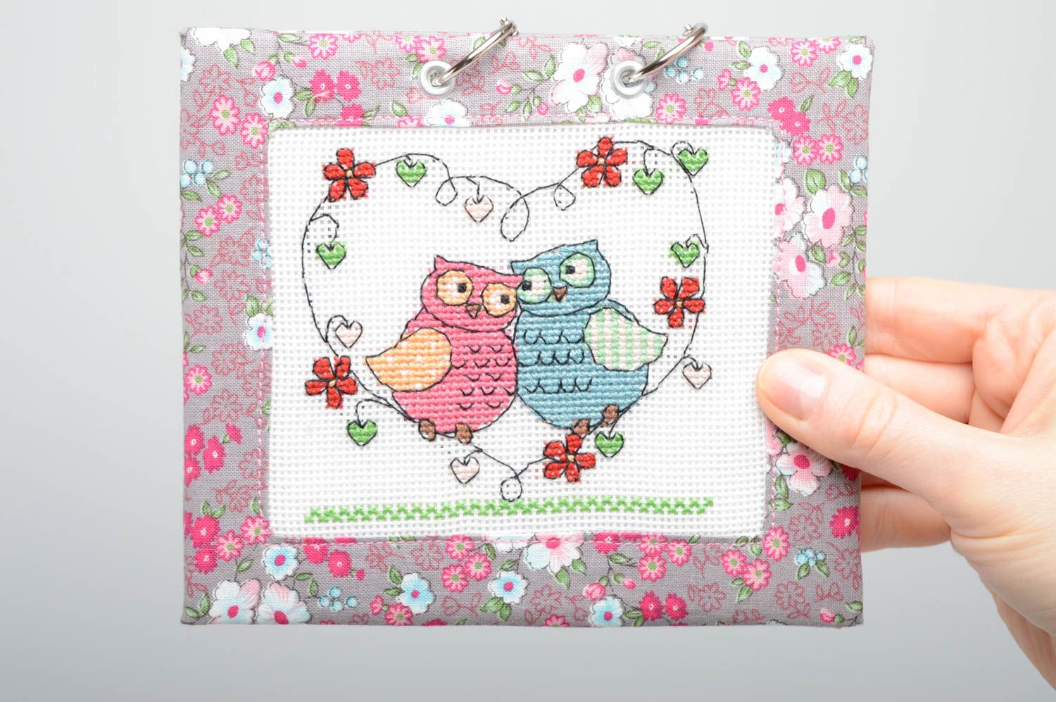 Notebook cover with cross stitch embroidery Owls photo 3