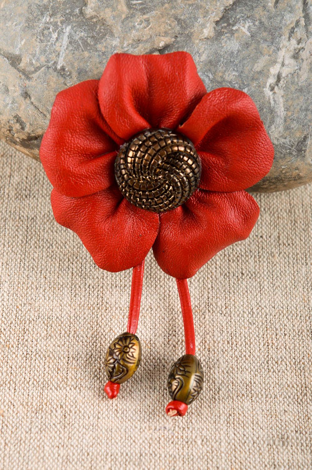 Handmade red flower brooch unusual leather brooch accessory in vintage style photo 1