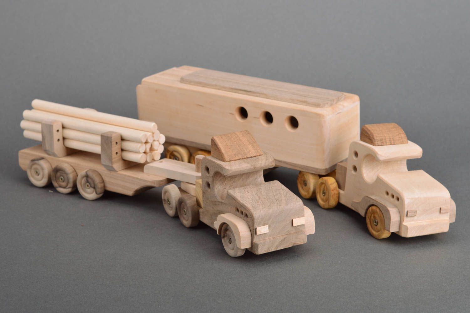 Handmade children's wooden toy cars set 2 pieces trucks with trailer photo 2