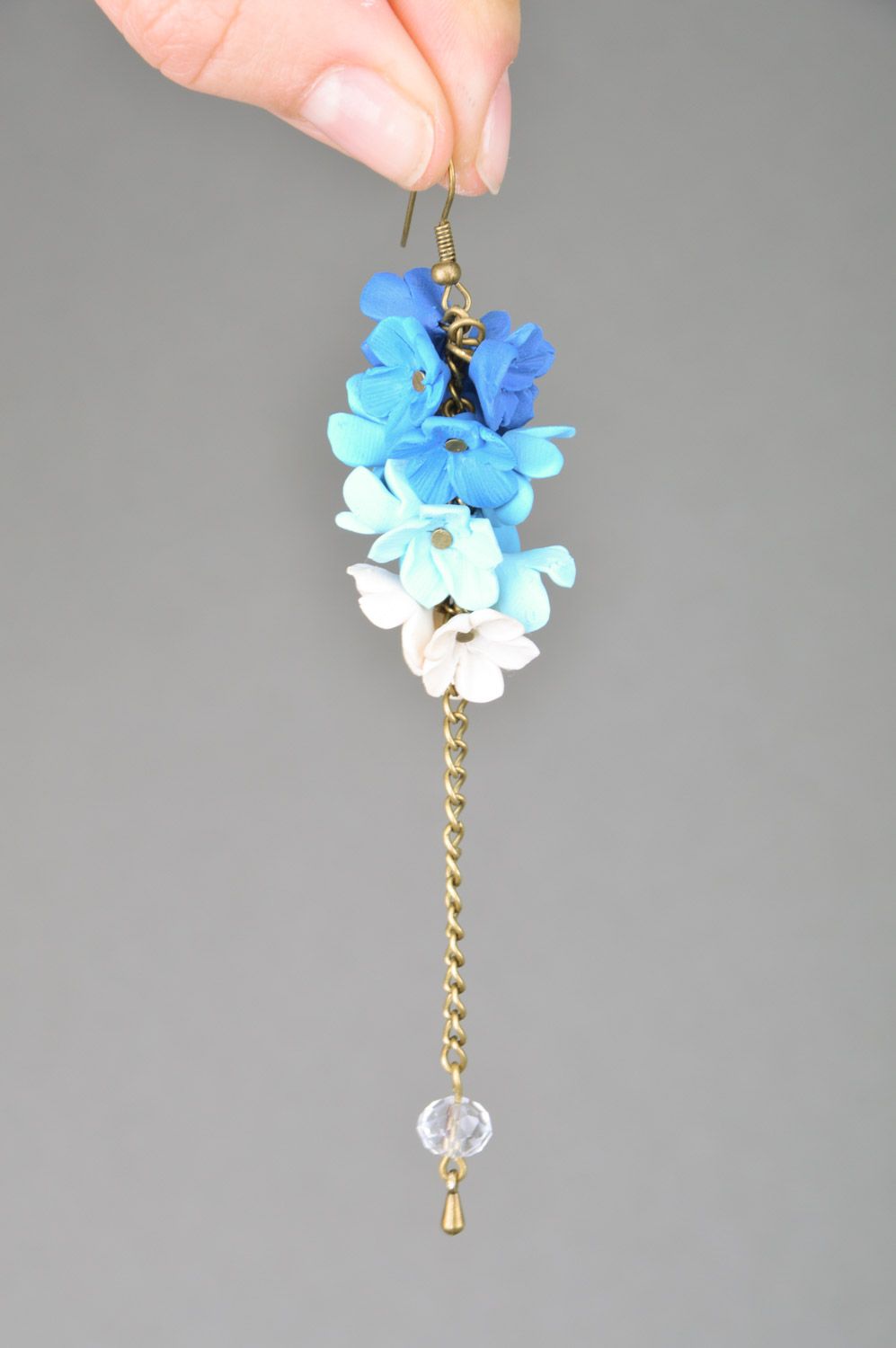 Long handmade earrings made of polymer clay with chain in the form of snowdrops photo 3