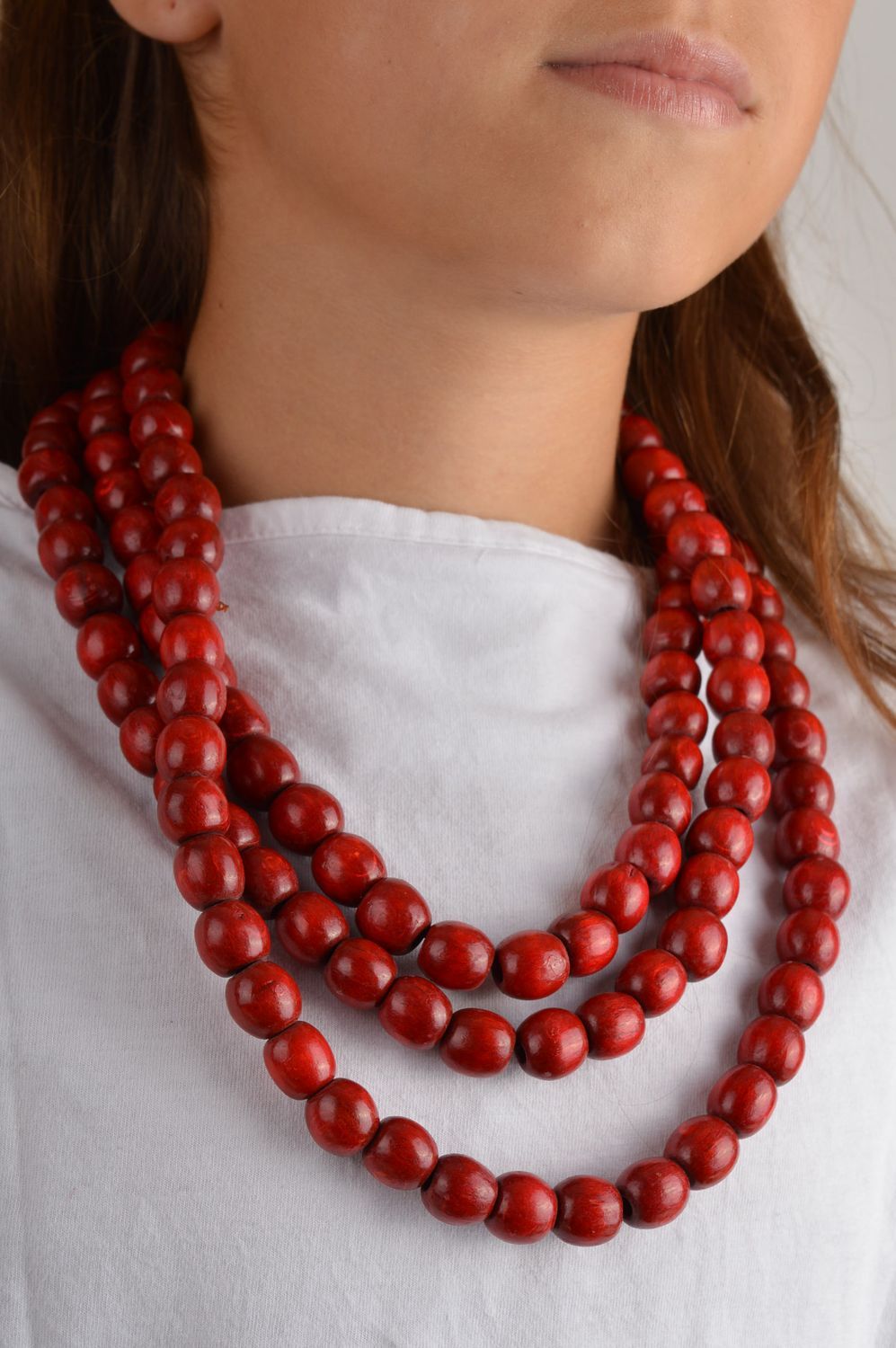 Handmade red multirow necklace unusual wooden necklace jewelry in ethnic style photo 1