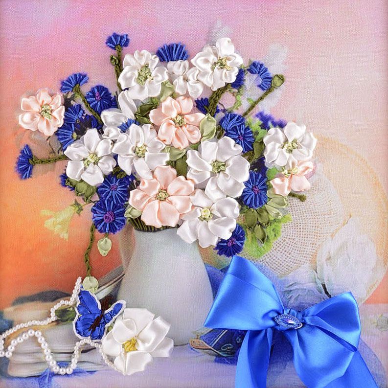 Picture with handmade flowers embroidered decoration with ribbons women gift photo 3