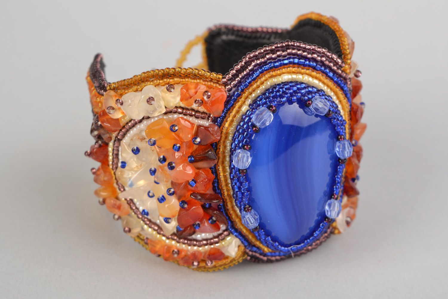 Handmade massive wrist bracelet embroidered with Czech beads and blue stone  photo 3