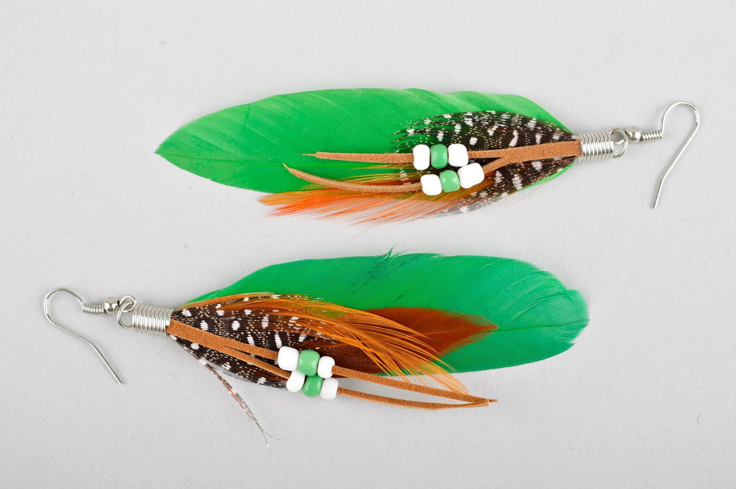 Handmade earrings with charms feather earrings long earrings feather jewelry photo 5