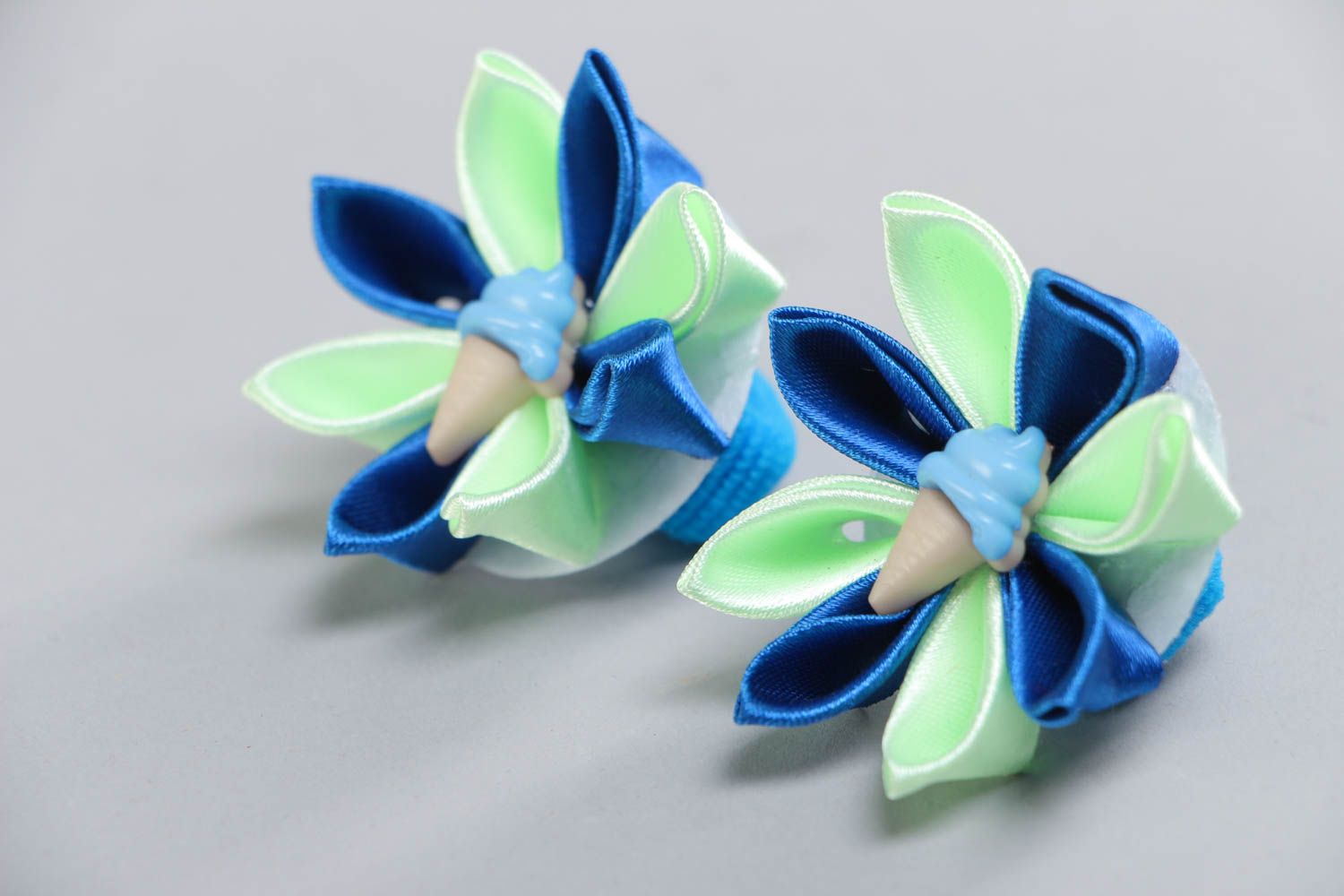 Set of 2 handmade hair ties with ribbon kanzashi flowers in blue color palettes photo 5