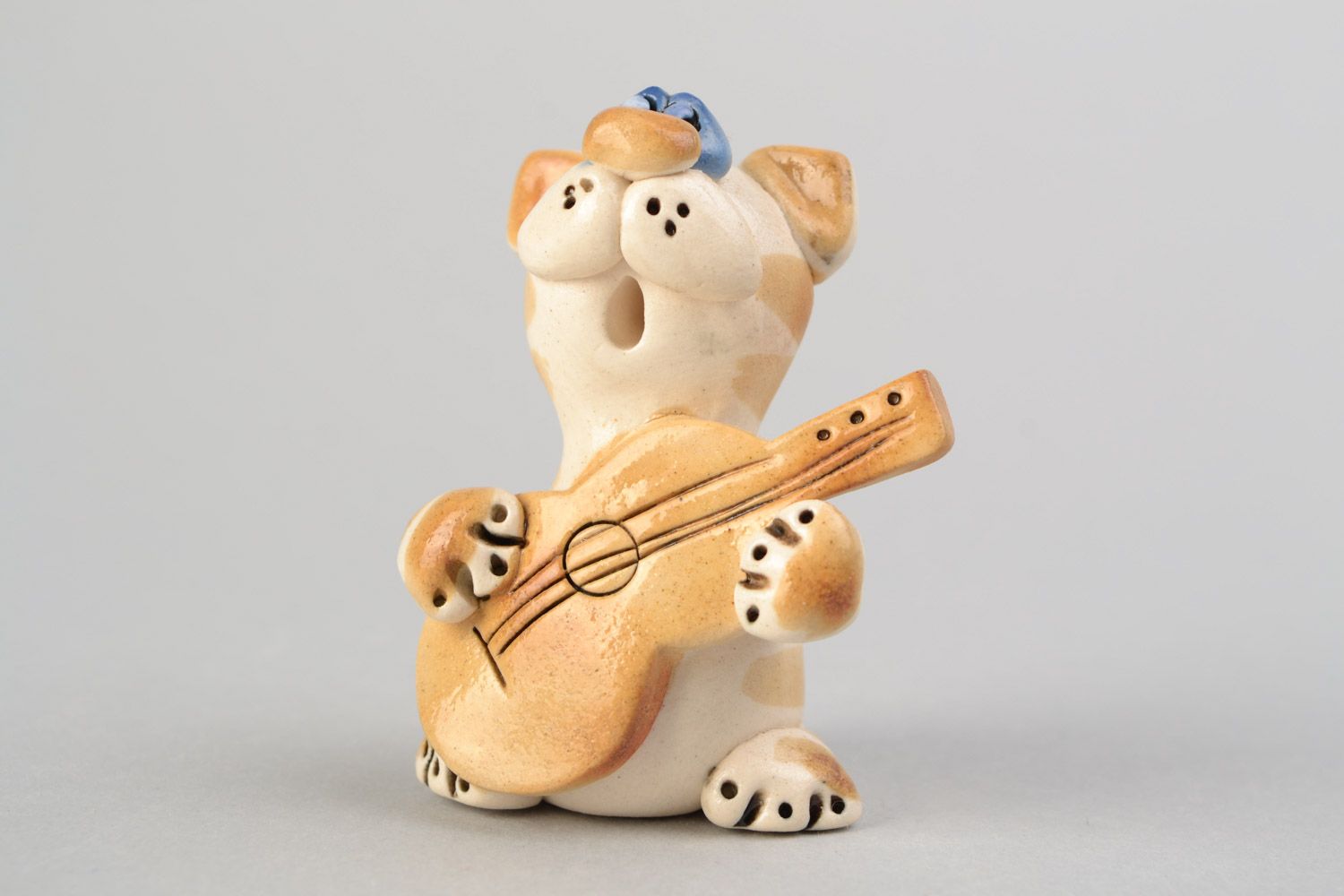 Handmade designer painted miniature ceramic figurine of kitten with guitar photo 4