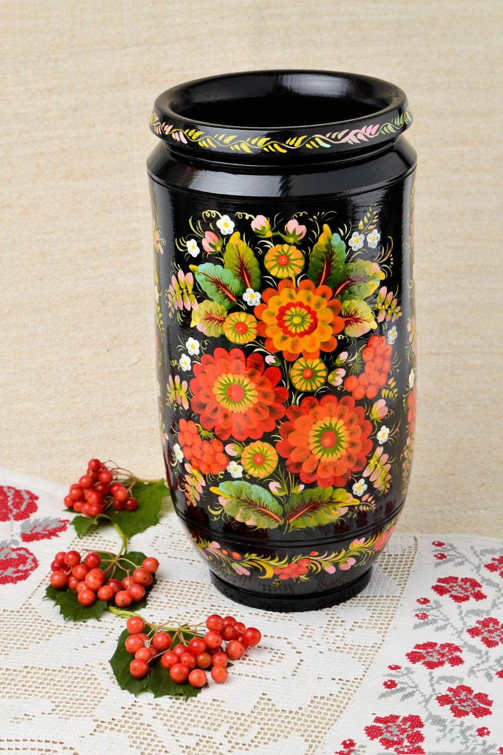 Vase noir fait main Déco maison en bois à motif floral grand Cadeau femme photo 1