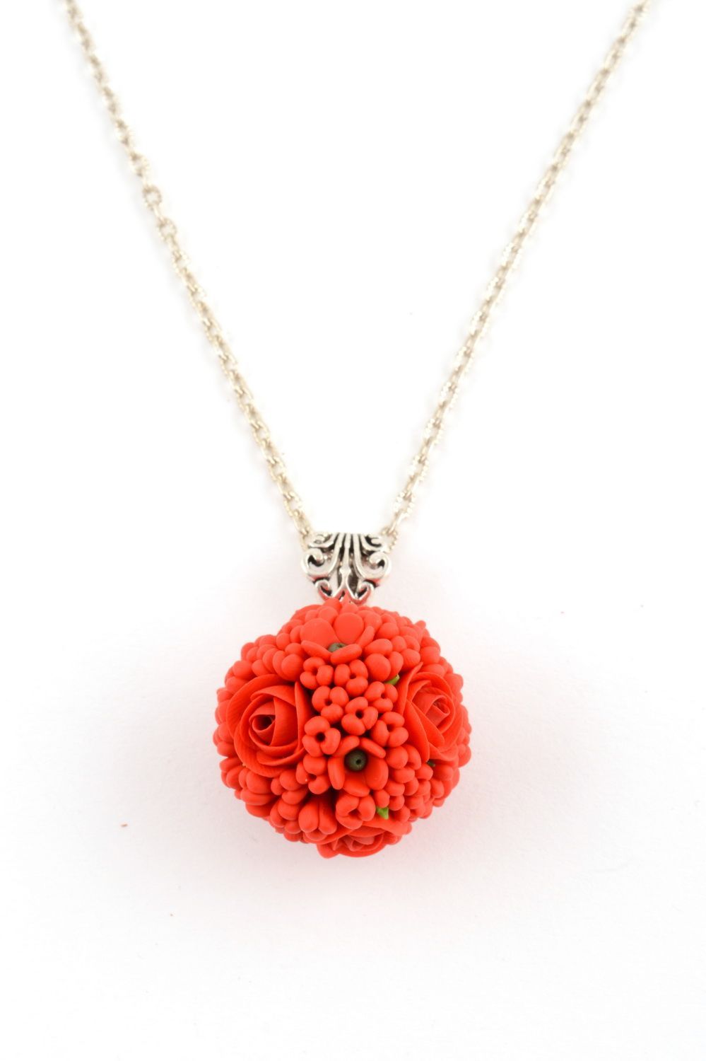 Handmade pendant made of polymer clay on chain in shape of bouquet of red roses photo 2