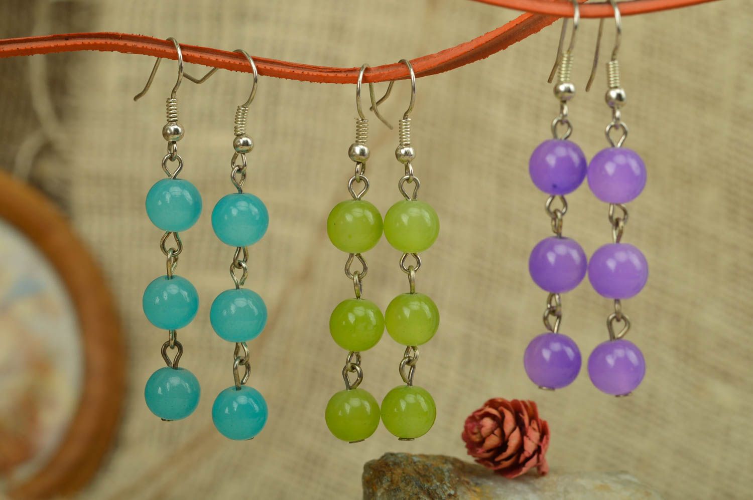 Set of 3 pairs of handmade long dangle beaded earrings green blue and violet photo 1
