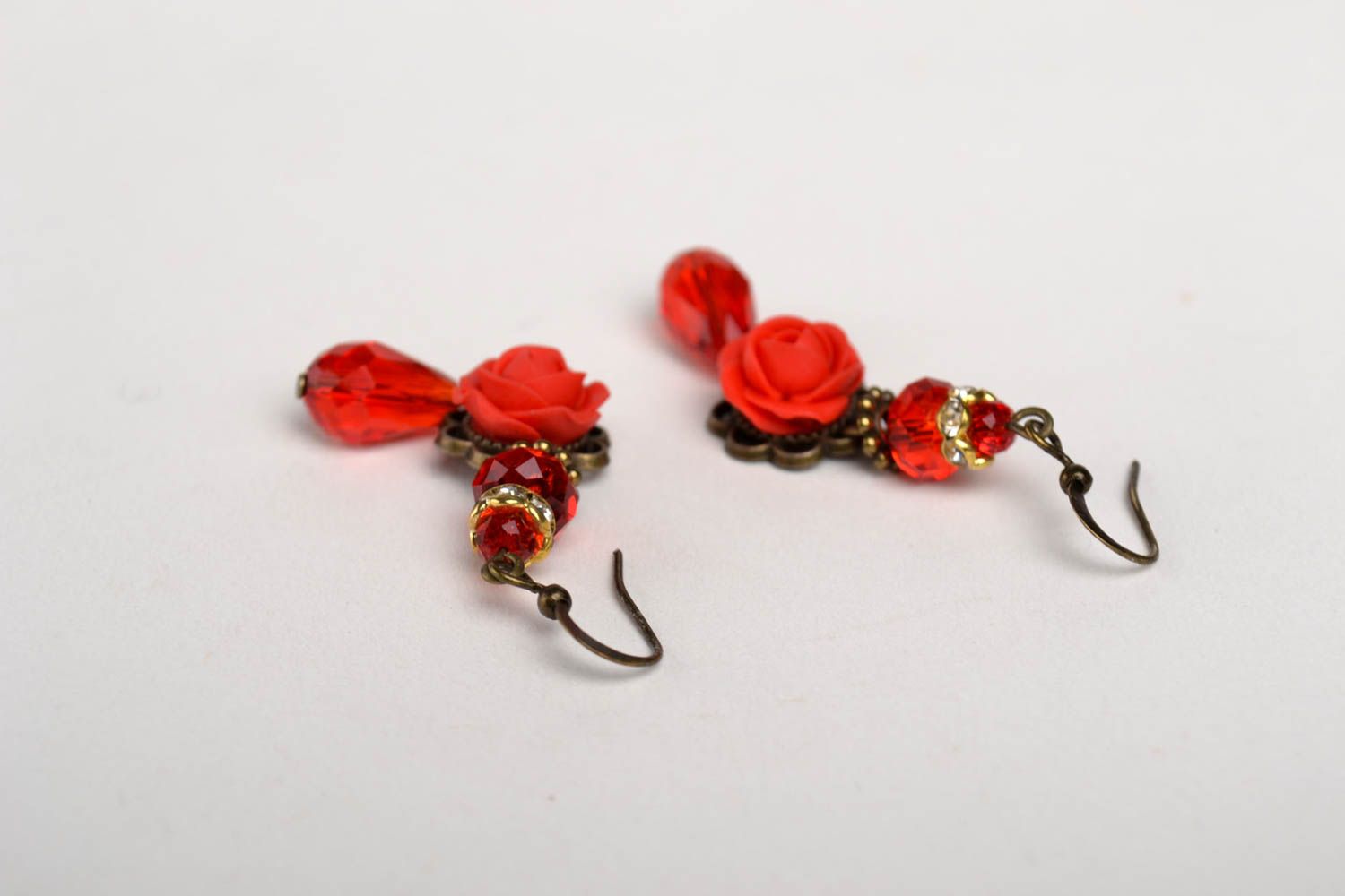 Handmade designer red earrings elegant flower earrings polymer clay jewelry photo 4