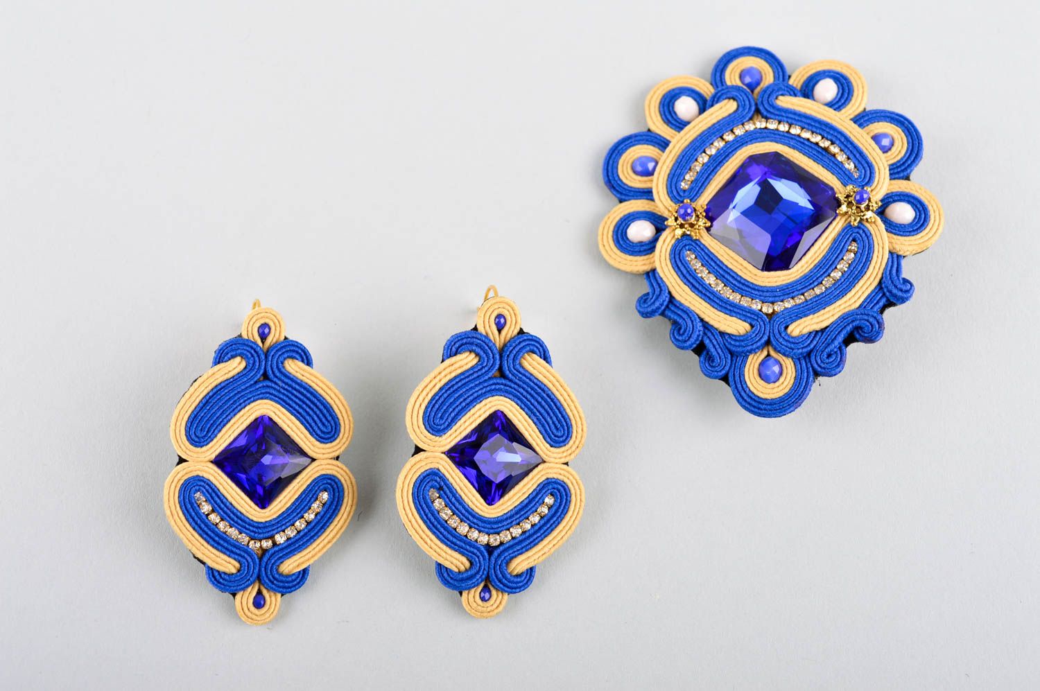 Set of soutache jewelry handmade brooch with crystal designer earrings photo 2