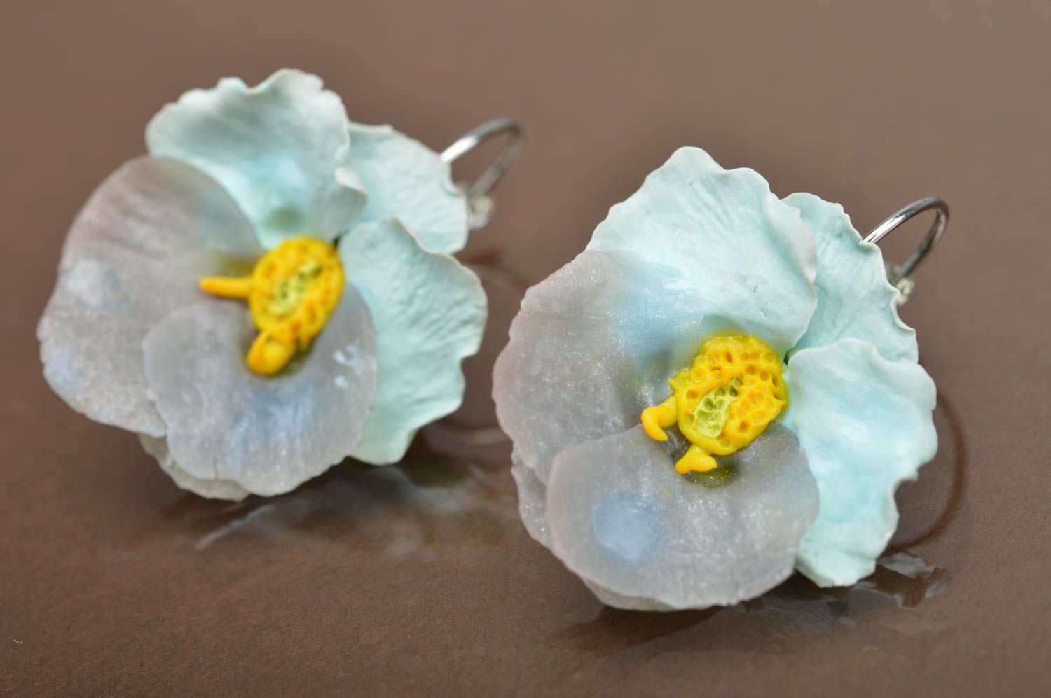Tender blue designer handmade earrings with polymer clay violet flowers  photo 2