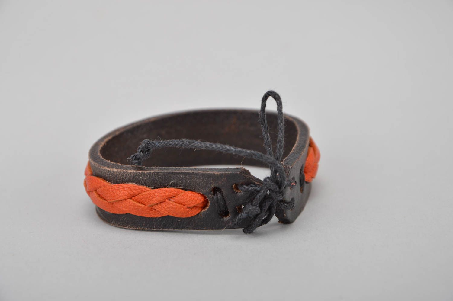 Handmade designer brown and orange genuine leather wrist bracelet with ties photo 5