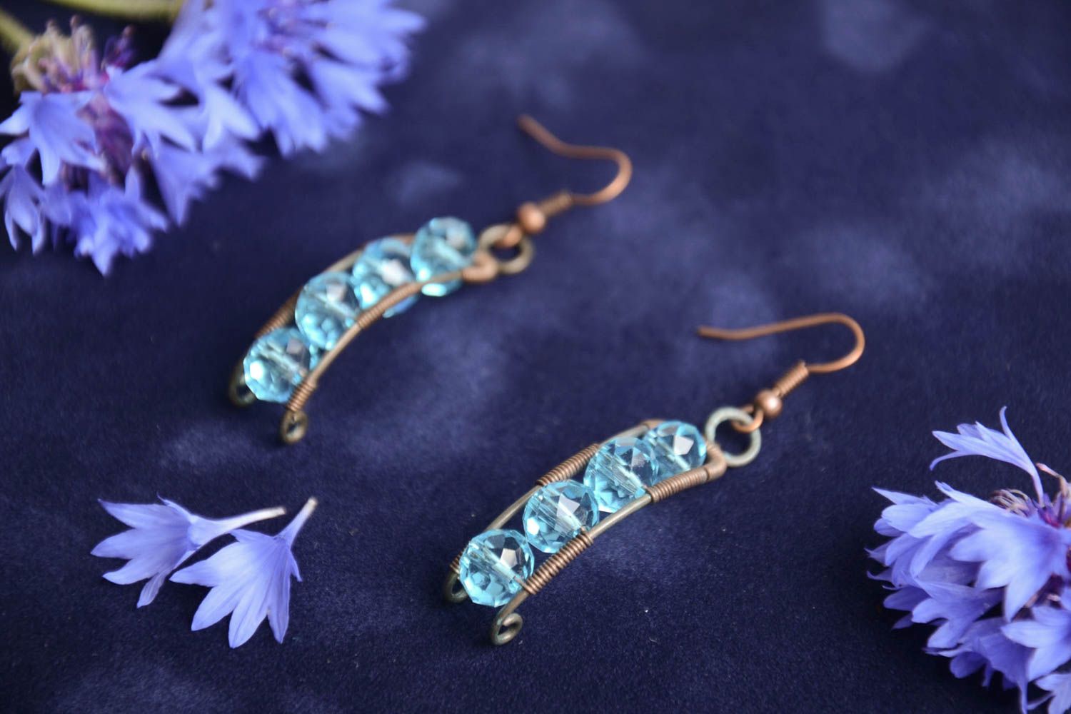 Handmade elegant blue wire wrap copper earrings with quartz women's jewelry photo 1